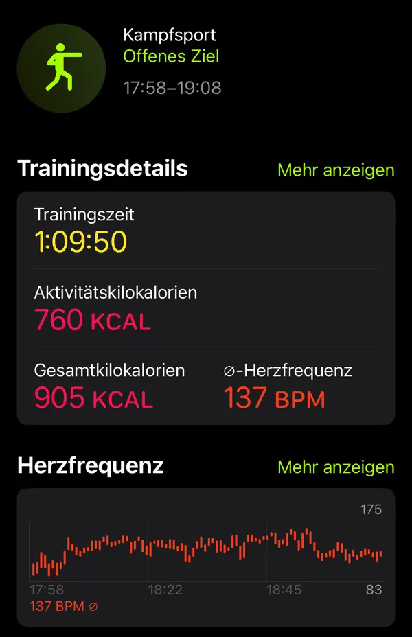 Smartwatch-Auswertung eines Kampfsport-Trainings von 17:58 bis 19:08 Uhr: Trainingszeit 1:09:50, 760 Aktivitätskilokalorien, 905 Kilokalorien gesamt, durchschnittliche Herzfrequenz 137 Schläge pro Minute, darunter der Verlauf der Herzfrequenz